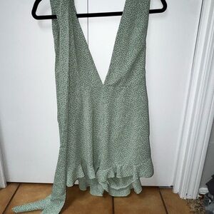 Green Floral V-Neck Romper with Tie Straps